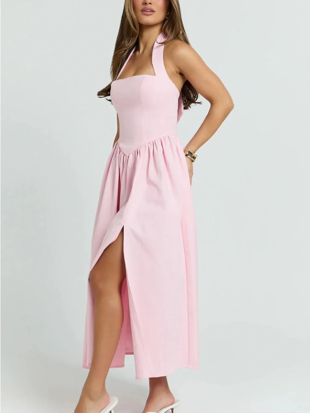 Showpo Pale Pink Halter Midi Dress with Front Slit: Helda Midi Dress, halter tie - Picture 2 of 4